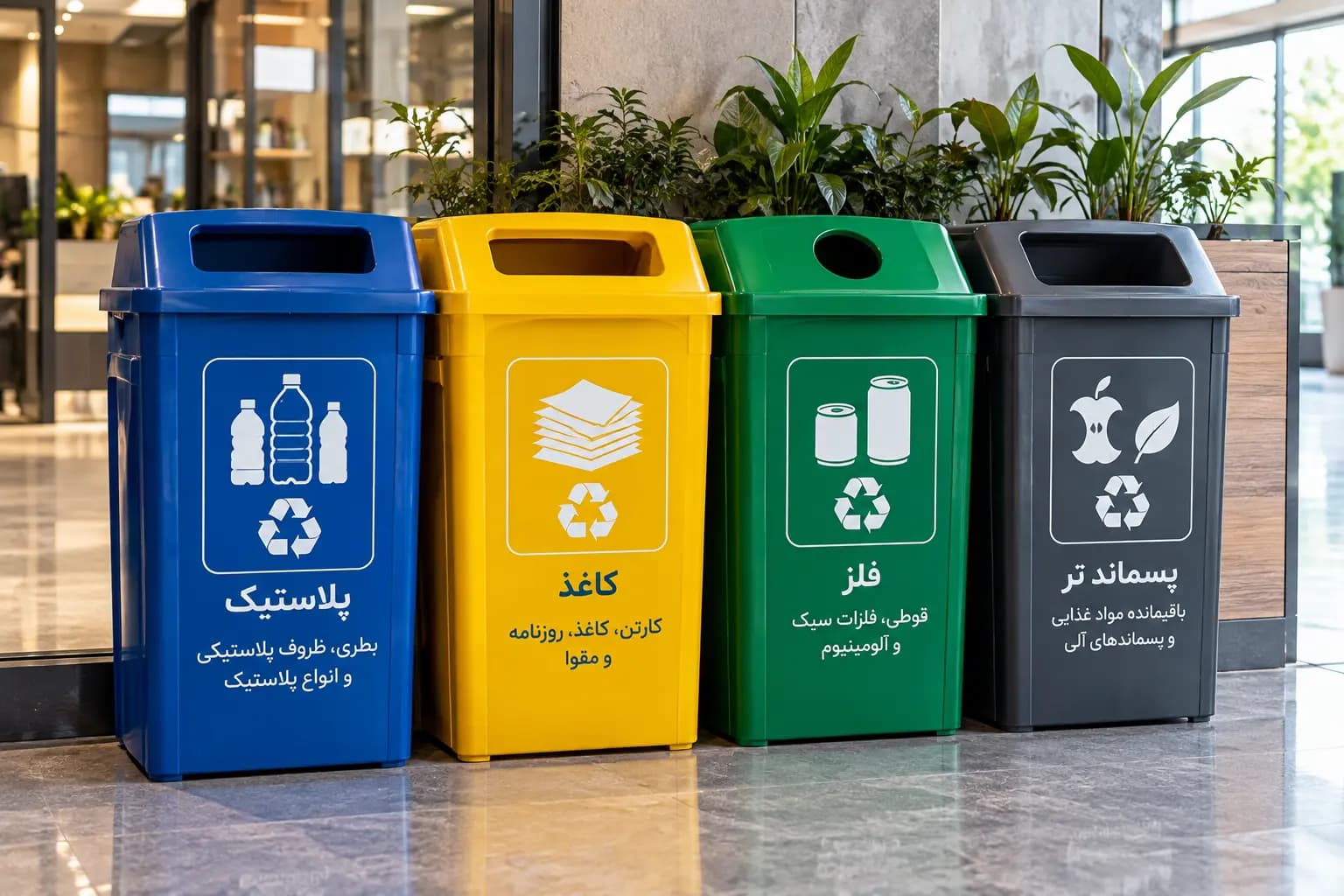 چند مخزن تفکیک پسماند خشک، تر، پلاستیک و کاغذ