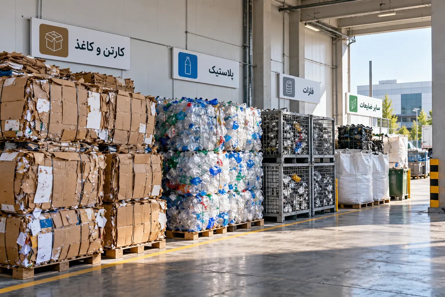 فضای انبار مرتب با ضایعات دستهبندیشده