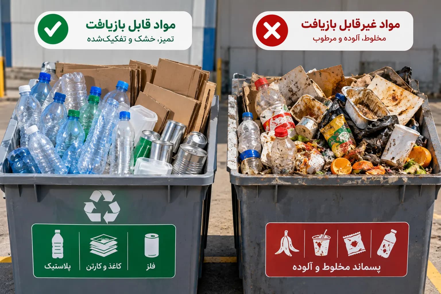 مقایسه مواد بازیافتی تمیز و آلوده